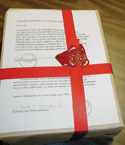 The records of the investigation of a possible miracle attributed to the intercession of Blessed Mother Theodore Gu&eacute;rin, packaged precisely according to the norms established by the Holy See&rsquo;s Congregation for the Causes of Saints, sits on a table in May 2003 in the archdiocesan Metropolitan Tribunal at the Archbishop O&rsquo;Meara Catholic Center in Indianapolis.