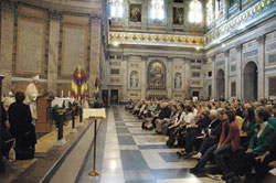 Archbishop Daniel M. Buechlein delivers a homily before hundreds gathered at the Basilica of St. Paul Outside the Walls in Rome for an Oct. 16 Mass of Thanksgiving in celebration of the canonization of St. Theodora Gu&eacute;rin. 