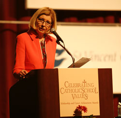 Kate O&rsquo;Beirne offers her insights about Catholic education at the annual Celebrating Catholic Schools Values awards dinner. (Photo by Rich Clark) 