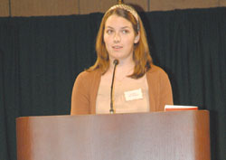 Brebeuf Jesuit Preparatory School senior Sarah Pottratz of Indianapolis presents her award-winning pro-life speech during the &ldquo;Celebrate Life&rdquo; dinner on Sept. 14 at the Indiana Convention Center in Indianapolis. She received a standing ovation from 950 people attending the 24th annual Right to Life of Indianapolis fundraiser. Her speech won first place in the organization&rsquo;s annual oratory contest for high school students. Sarah is a member of Our Lady of the Most Holy Rosary Parish in Indianapolis. (Photo by Mary Ann Wyand) 