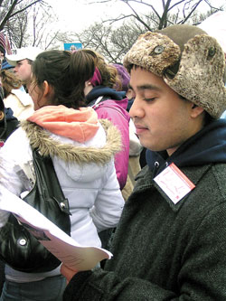 Aaron Thomas, a third-year seminarian at Bishop Brut&eacute; College Seminary at Marian College in Indianapolis, participates in the annual March for Life in Washington, D.C., on Jan. 22. As part of his supervised ministry, Thomas served as a co-bus captain on the archdiocesan pilgrimage. (Photo by Katie Berger) 