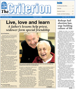 Assistant Editor John Shaughnessy&rsquo;s story about Father John Mannion and his unique caregiving role and friendship with (now the late) Charlie Ressler won first place in the best personality profile category in the Catholic Press Association&rsquo;s 2006 awards competition. The archdiocesan newspaper recently won a total of 11 awards from the CPA, Woman&rsquo;s Press Club of Indiana and the Society for the Propagation of the Faith.