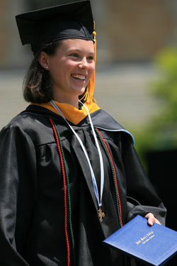 Senior Julie Malone is all smiles on May 19 after receiving St. Mary&rsquo;s College&rsquo;s Lumen Christi Award, the highest honor that the college can give a student. (Submitted photo)  