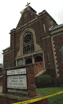 The sign in front of St. Anne Church in New Castle read &ldquo;To remove worry wrinkles, get your faith lifted&rdquo; on the morning of the Holy Saturday, April 7, fire that gutted the 83-year-old Henry County landmark. William L. Abbott of New Castle has been charged with arson.