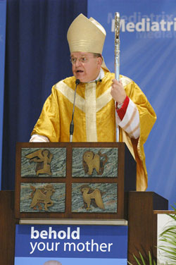 Archbishop Raymond L. Burke of St. Louis delivers the homily during the Oct.&nbsp;13 Mass celebrated at the &ldquo;Behold Your Mother&rdquo; conference at Our Lady of the Greenwood Church in Greenwood. The event was sponsored by the Franciscan Friars of the Immaculate. Members of the order staff the Mother of the Redeemer Retreat Center in Monroe County.