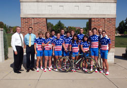 Daniel Elsener, Marian&nbsp;College president, left, cycling coach Dean Peterson and Joe Haklin, director of athletics, back row, far right, are pictured with members of the Franciscan college&rsquo;s cycling team after they recently captured the school&rsquo;s 10th&nbsp;national &shy;championship in 13&nbsp;years. (Submitted photo) 