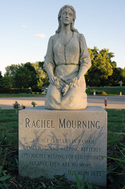 This statue of Rachel weeping for her children is located at the Infants&nbsp;Circle at Calvary Cemetery in Indianapolis. Many cemeteries offer special burial places for babies. The statue was inspired by the Scripture passage from Jeremiah 31:15, which reads, in part, &ldquo;Rachel mourns her children, she refuses to be consoled because her children are no more.&rdquo;