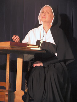 St. Lawrence parishioner Sandra Hartlieb of Indianapolis portrays St. Theodora Gu&eacute;rin in an original play that she wrote for Sisterhood Christian Drama Ministry called &ldquo;In Her Own Words.&rdquo; She presented the play with her sister, Nora Pritchett of Sellersburg, for the Sisters of Providence at Saint Mary-of-the-Woods in July and St. Jude School students in Indianapolis in October. Their husbands, Ron Hartlieb and Alan Pritchett, as well as their brother, Bob Braden, and sisters, Peggy Young and Bibiana Richardson, are part of their family&rsquo;s dramatic theater ministry. Sisterhood Christian Drama Ministry presents a variety of dramatizations about women and men in the Bible. Sisterhood is a non-profit organization, and family members rely on grants, sponsorships and free-will donations to cover production costs.