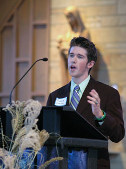 Our Lady of Perpetual Help parishioner Robbie Steiner of New&nbsp;Albany speaks during the &ldquo;I Love Life&rdquo; conference on Nov. 10 at his parish. His speech earned the third-place award in the National Right to Life oratory contest in June. (Photo by Mary Ann Wyand) 