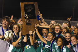 Members of the Cathedral High School girls&rsquo; soccer team whoop it up after beating Penn High School from Mishawaka, Ind., on Oct. 27 to win their first-ever state championship in girls&rsquo; soccer. (Submitted photo) 