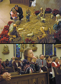 Top, after the Mass is over, St. Vincent de Paul parishioner Dustin Roell talks with his daughter, Jillian, about the Nativity scene at his parish’s church. Below, St. Vincent de Paul parishioner Carol Shaw kneels in prayer during the Christmas Eve Mass.