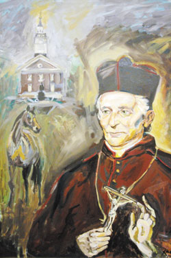 Our Lady of the Most Holy&nbsp;Rosary parishioner Kara Halla of Westfield, Ind., recently painted this portrait of the Servant of God Simon Brut&eacute; as a commissioned gift for Archbishop Daniel M. Buechlein. The painting will be hung in the parlor at the Cathedral Parish rectory in Indianapolis. (Photo by Mary Ann Wyand) 