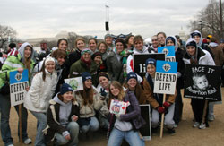Teenagers from St. Malachy Parish in Brownsburg get ready to take part in the 35th annual March for Life on Jan. 22 in the nation&rsquo;s capital. (Photo by Melissa Scarlett)	
