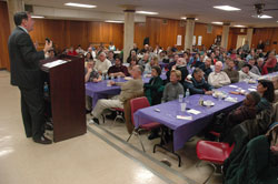 Robert Royal, president of the Washington-based Faith and Reason Institute and graduate dean of the Catholic Distance University, speaks to approximately 180 people on Feb. 27 at Our Lady of the Most Holy Rosary Parish in Indianapolis during its Lenten &ldquo;Spaghetti and Spirituality&rdquo; series. Royal emphasized to his audience that it is the special role of the Catholic laity to &ldquo;take Catholic principles and to see that they permeate &hellip; free societies.&rdquo; (Photo by Sean Gallagher) 