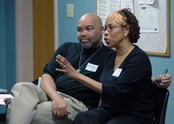 Andrew and Terri Lyke of Chicago discuss relationship tips for strengthening married life during &ldquo;Black Marriage Day&rdquo; on April 5 at St. Michael the Archangel Parish in Indianapolis. The marriage program was sponsored by the archdiocesan Office of Family Ministries, archdiocesan Office of Multicultural Ministry and Black Catholic Caucus in the archdiocese. (Photo by Mary Ann Wyand) 