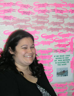 St. Gabriel School principal Sarah Watson of Indianapolis will sleep on the school&rsquo;s roof and dye her hair purple as a result of the students reaching two&nbsp;reading goals this year. (Photo by John Shaughnessy) 