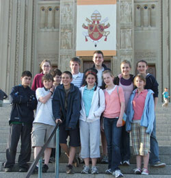 Lumen Christi Catholic School students in Indianapolis pose for a group picture on April 16 on the steps of the Basilica of the National&nbsp;Shrine of the Immaculate Conception in Washington. The students and chaperones also participated in the April 17 Mass celebrated by Pope Benedict XVI at Nationals Park in Washington. (Submitted photo/Tom Feick) 
