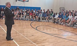 Jim Schellinger, president of the board of trustees of the archdiocese&rsquo;s Catholic Community Foundation, speaks about stewardship to members of the senior class at Bishop Chatard High School in the Indianapolis North Deanery on April 30. (Photo by Sean Gallagher)