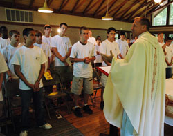 Father Rick Nagel, archdiocesan associate vocations director, delivers a homily during a Mass celebrated on June 14, 2007, at Bradford Woods in Morgan County during Bishop Brut&eacute; Days, sponsored by the Bishop Simon Brut&eacute; College Seminary. This year&rsquo;s Bishop Brut&eacute; Days will take place on June&nbsp;11-14 at the Future Farmers of America Center near Trafalgar. (File photo by Sean Gallagher)