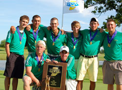 Members of the Cathedral High School boys&rsquo; state championship golf team are, front row, from left, Mark Welsh and Kevin Bowen, and back row, from left, Tim Bowman, Henry Plager, Ben Smith, Brad&nbsp;Gehl, Jason Seward and Corey Ziedonis. (Submitted photo) 