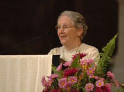 Carmelite Sister Jean Alice McGoff, prioress of the Indianapolis Carmel, reflects on the sisters&rsquo; response to decisions made by the Second Vatican Council. On behalf of the nine-member community, she also offered their thanks to all of their friends and supporters in her remarks at the conclusion of the July 16 Mass at SS. Peter and Paul Cathedral. (Photo by Mary Ann Wyand) 