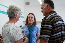 Pacers&rsquo; coach Jim O&rsquo;Brien, right, and his wife, Sharon, center, talk with Oldenburg Franciscan Sister&nbsp;Therese Wente on the occasion of her recent retirement. The O&rsquo;Briens met Sister Therese while she served as a pastoral associate at St. Mary Parish in Indianapolis. (Submitted photo by Brett Jackson) 