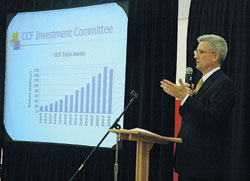 David Milroy, a member of St. Bartholomew Parish in Columbus, gives a presentation on Oct. 21 at St.&nbsp;Monica Parish in Indianapolis about the investments overseen by the Catholic Community Foundation (CCF). The presentation took place during a celebration of the success of the Legacy for Our Mission: For Our Children and the Future campaign and the annual meeting of the CCF&nbsp;board of directors. (Photo by Sean Gallagher) 