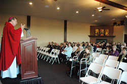 Archbishop Daniel M. Buechlein delivers a homily during an Oct. 28 Mass at Huber&rsquo;s Winery in Clark&nbsp;County as part of a celebration of the success of the Legacy for Our Mission: For Our Children and the Future capital stewardship campaign. (Photo by Sean Gallagher) 