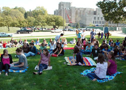 College students wait for an outdoor Mass called “Mass on the Grass,” a once-a-year event in the fall at Butler University in Indianapolis. (Submitted photo)
