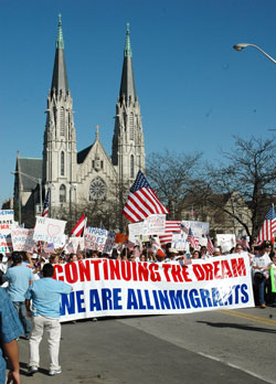 More than 20,000 people began a march on April 10, 2006, in front of St.&nbsp;Mary Church in Indianapolis that was in support of immigration reform. (File photo by Brandon A. Evans) 