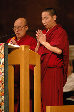 Geshe Lotin, left, and Ven. Dhamcoe Chopel of the Tibetan Mongolian Buddhist Cultural Center in Bloomington chant the dedication prayer from Shantideva&rsquo;s Guide to the Bodhisattva&rsquo;s Way during the Interfaith Thanksgiving Service on Nov. 25 at SS. Peter and Paul Cathedral in Indianapolis. (Photo by Mary Ann Wyand) 