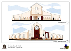 These architectural drawings prepared by Entheos Architects show the front, rear and side elevations of the new St. Anne Church in New Castle, which is expected to be completed in the spring of 2010, three years after the parish&rsquo;s historic church was destroyed in an arson fire on Holy Saturday, April 7, 2007. (Illustrations courtesy Entheos Architects) 