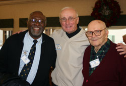 In December of 2008, 15&nbsp;people who became friends at Cathedral&nbsp;High School made a bus trip for a reunion with the Holy&nbsp;Cross brothers who taught at the school. Here, former Cathedral coach Tom O&rsquo;Brien poses between Holy Cross Brother Roy Smith, left, and Holy Cross Brother Roland Driscoll. Brother&nbsp;Roy played for Coach&nbsp;O&rsquo;Brien. (Submitted photo) 