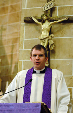 Father Jonathan Meyer preaches during a 40&nbsp;Hours Devotion on Feb. 20, 2008, at Our Lady of the Most Holy Rosary Church in Indianapolis. He is the keynote speaker for the Catholic Life Network awards dinner on March 7 at the Sheraton Indianapolis City Centre Hotel in downtown Indianapolis. (File photo by Mary Ann Wyand)