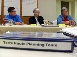 St. Patrick parishioner Julie Bowers of Terre Haute, from left, Providence Sister Constance Kramer, Terre&nbsp;Haute Deanery pastoral leadership representative and parish life coordinator of St. Ann Parish in Terre Haute, and St. Leonard of Port Maurice parishioner Brenda Monaghan of West Terre Haute listen to a discussion during a recent meeting of the Terre Haute Deanery planning team. (Submitted photo/Ann Ryan) 