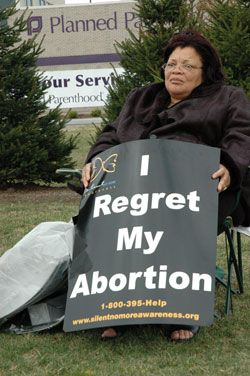 Dr. Alveda King of Atlanta, a pastoral associate of Priests for Life and spokeswoman for the national &ldquo;Silent No More Awareness Campaign,&rdquo; prays on March 10 in front of the Planned Parenthood abortion clinic in Indianapolis as part of the spring &ldquo;40 Days for Life&rdquo; pro-life prayer vigil. (Photo by Mary Ann Wyand) 