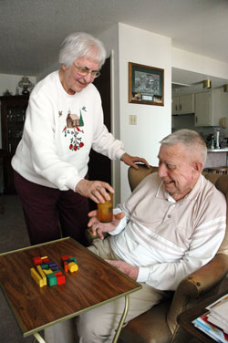 St. Therese of the Infant Jesus (Little Flower) parishioners Jerry and Mary Erlenbaugh of Indianapolis have seen their marriage and daily life change dramatically since he was diagnosed with Alzheimer&rsquo;s disease in 2006. She is looking forward to attending a retreat for caregivers based on the Serenity Prayer from 8 a.m. to 3:30 p.m. on April 30 at the Benedict Inn Retreat and Conference Center in Beech Grove. The retreat is for both personal and professional caregivers. (Photo by Mary Ann Wyand) 