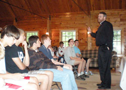 Archdiocesan vocations director Father Eric Johnson gives a presentation titled &ldquo;I believe &hellip; in the life, death and resurrection of Jesus&nbsp;Christ&rdquo; to campers on June 11. The camp and retreat experience for junior and senior high-school-aged boys who are thinking about the priesthood is sponsored by the Bishop Simon Brut&eacute; College Seminary in Indianapolis. (Photos by Mike Krokos) 