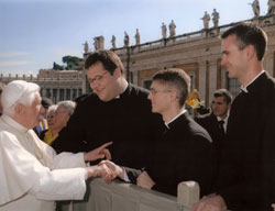 Pope Benedict XVI greets then deacon candidates Sean Danda, center, from St. Malachy Parish in Brownsburg, Nicholas Vaskov, left, of the Diocese of Pittsburgh, and Jesse Burish, right, of the Diocese of LaCrosse, Wis., in St. Peter&rsquo;s Square in Rome. The seminarians were theology students at the Pontifical North American College in Rome. (Submitted photo / L&rsquo;Osservatore Romano) 