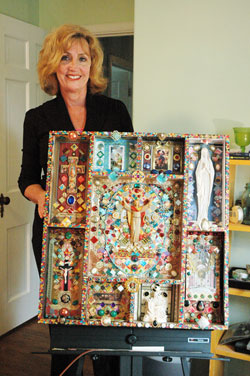 Christ the King parishioner Nancy Shields of Indianapolis created this ornate, multimedia religious collage that she calls &ldquo;The Jesus Project&rdquo; over a period of two years in her spare time. She said making it was an expression of prayer for her. (Photo by Mary Ann Wyand)