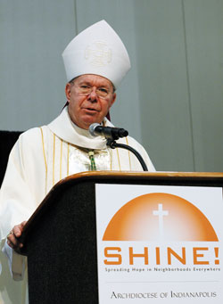 Archbishop Daniel M. Buechlein delivers the homily on Oct. 1 during Mass on the feast of St. Th&eacute;r&egrave;se of the Child Jesus at the conclusion of the &ldquo;Spreading Hope in Neighborhoods Everywhere&rdquo; conference at Lucas Oil Stadium in Indianapolis. (Photo by Mary Ann Wyand)