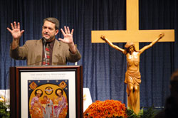 Internationally known speaker and author Scott Hahn of Steubenville, Ohio, discusses the meaning of the petitions in the Lord&rsquo;s Prayer during the fourth annual Indiana Catholic Men&rsquo;s Conference on Oct.&nbsp;17 at the Indiana Convention Center in Indianapolis. (Photo by Mary Ann Wyand)