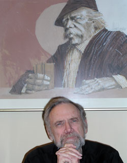 The large picture&nbsp;behind Father Lawrence Voelker&rsquo;s desk reminds him of the strength of people who have lived a long life, people who &ldquo;do what needs to be done.&rdquo; In 43 years as a priest, including serving as the pastor of Holy&nbsp;Cross Parish in Indianapolis, Father Voelker has always looked out for people in need. (Photo by John Shaughnessy)