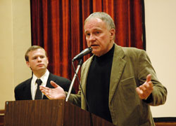 Former Illinois death row inmate Randy Steidl of Paris, Ill., talks about his wrongful conviction for two murders he did not commit and his lengthy incarceration during a Dec. 2 program at the Archbishop O&rsquo;Meara Catholic Center in Indianapolis. Will McAuliffe, left, the executive director of the Indiana Coalition Acting to Suspend Executions, waits to answer a question from an audience member. (Photo by Mary Ann Wyand)
