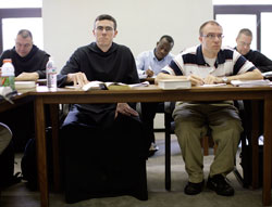 Benedictine Brother Matthew Mattingly, left, and Jacob Niemand, a seminarian from the Diocese of New Ulm, Minn., attend class at Saint&nbsp;Meinrad Seminary and School of Theology. (Submitted photo)