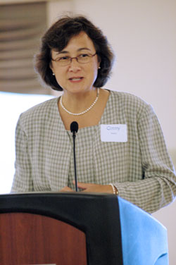 During the Guardian Angel Guild&rsquo;s 50th&nbsp;anniversary luncheon on Sept. 24 in Indianapolis, guild president Ginny Maher thanks guild members for their dedication and tireless efforts to raise funds to help the archdiocesan Office of Catholic Education&rsquo;s resource programs serve students with learning disabilities. (Photo by Mary Ann Wyand)