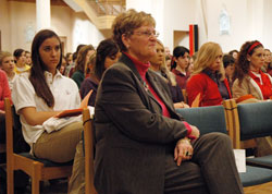 Annette &ldquo;Mickey&rdquo; Lentz, executive director of the archdiocesan secretariat for Catholic education and faith formation, sits among the approximately 1,000 students from Catholic schools from across the archdiocese during a Catholic Schools Week Mass celebrated on Jan. 31, 2007, at SS. Peter and Paul Cathedral in Indianapolis. (File photo by Sean Gallagher)