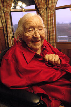 St. Charles Borromeo parishioner Emelie Weil of Milan celebrated her 110th birthday on Nov. 20, 2009. During 11 decades, she has acquired skills in nursing, playing the piano, painting, tatting and basket weaving. When she was complimented on a beautiful handmade basket on Jan. 17, Emelie smiled and replied, &ldquo;Flatter me like that and it will go to my head.&rdquo; (Photo by Mary Ann Wyand)