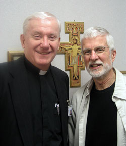 For nearly 22 years, Father John Mannion, left, and the Rev. Darrel Crouter have shared a friendship that has continued to deepen while they have provided compassionate spiritual care to patients, families and staff members at St. Francis Hospital in Beech&nbsp;Grove. Both 68, the longtime friends have decided it&rsquo;s time to cut back on their pastoral care at the hospital. They will be honored in a celebration at the hospital on March 26. (Photo by John Shaughnessy)