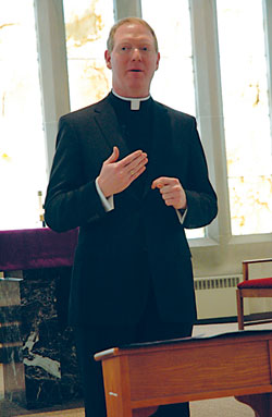Father Patrick Beidelman, vice rector of the Bishop Simon Brut&eacute; College Seminary in Indianapolis and director of liturgy for the archdiocese, tells a group of young adults discerning their vocations in life that he is &ldquo;grateful every day for having been loved by our Lord into this dream that he has for me, and open to the future, whatever it might be for me.&rdquo; Father Beidelman was the keynote speaker for a Lenten day of reflection on vocations to the priesthood and religious life on Feb. 26 at the St. Augustine Home for the Aged in Indianapolis. (Photo by Mary Ann Wyand)